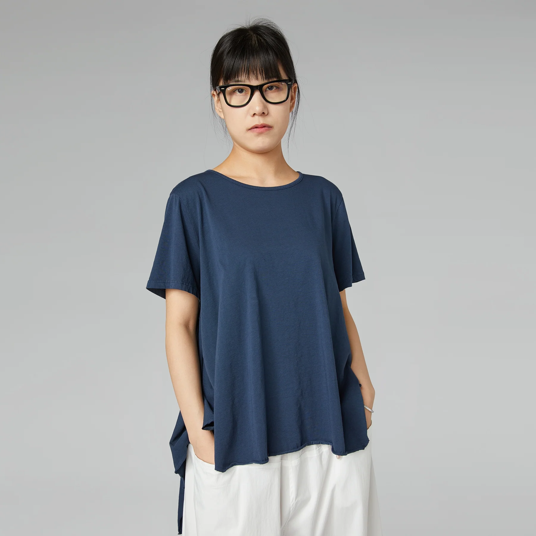 LONG BACK COTTON T-SHIRT BLUE