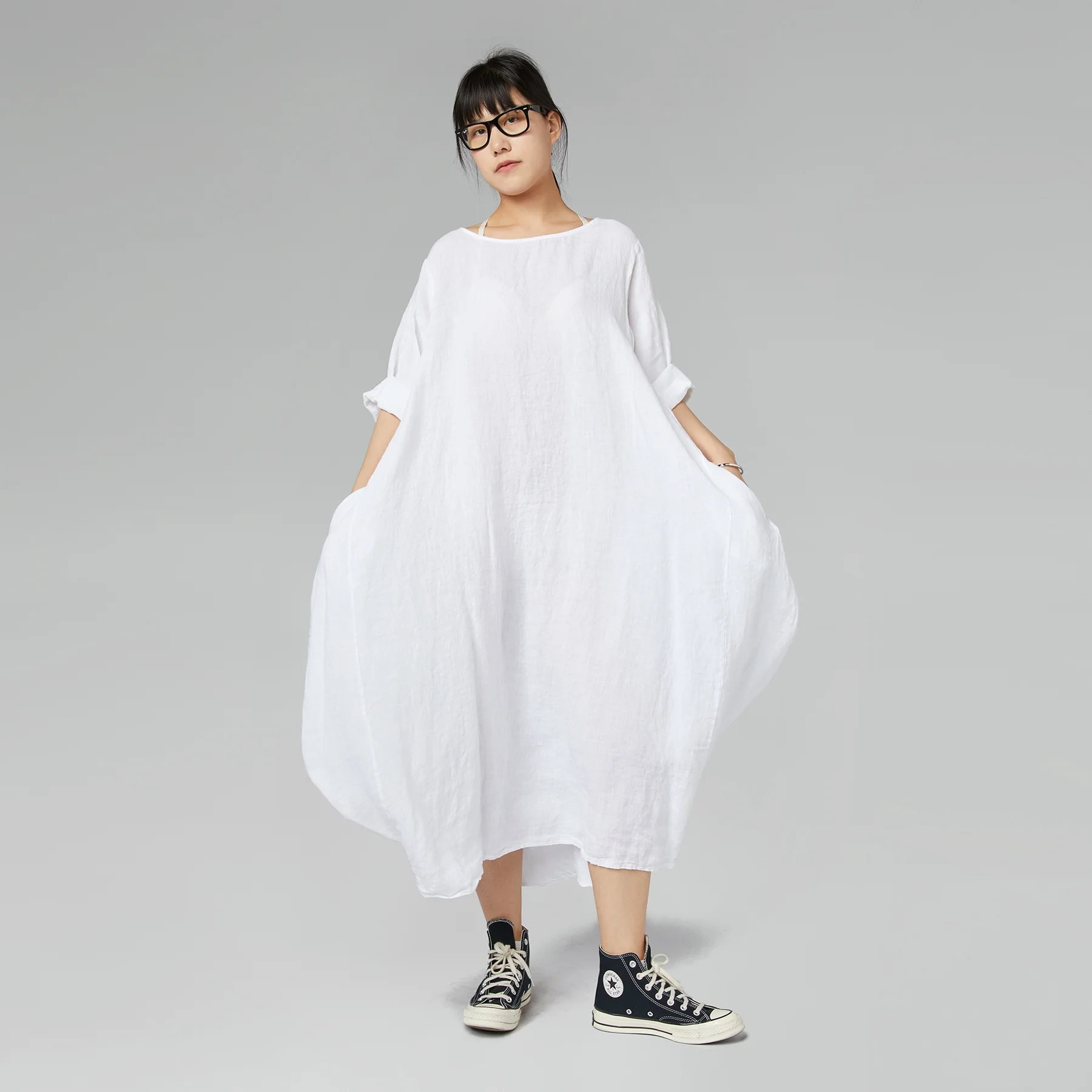 OVER FIT LINEN DRESS WHITE - Image 5